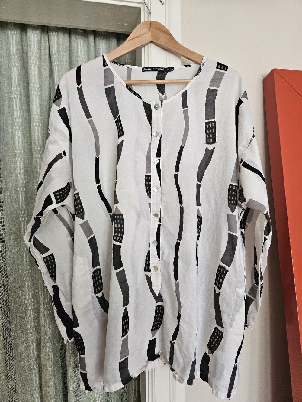 Gudrun Sjödén Geometric Print 100% Cotton Tunic Blouse White Black Grey sz XL